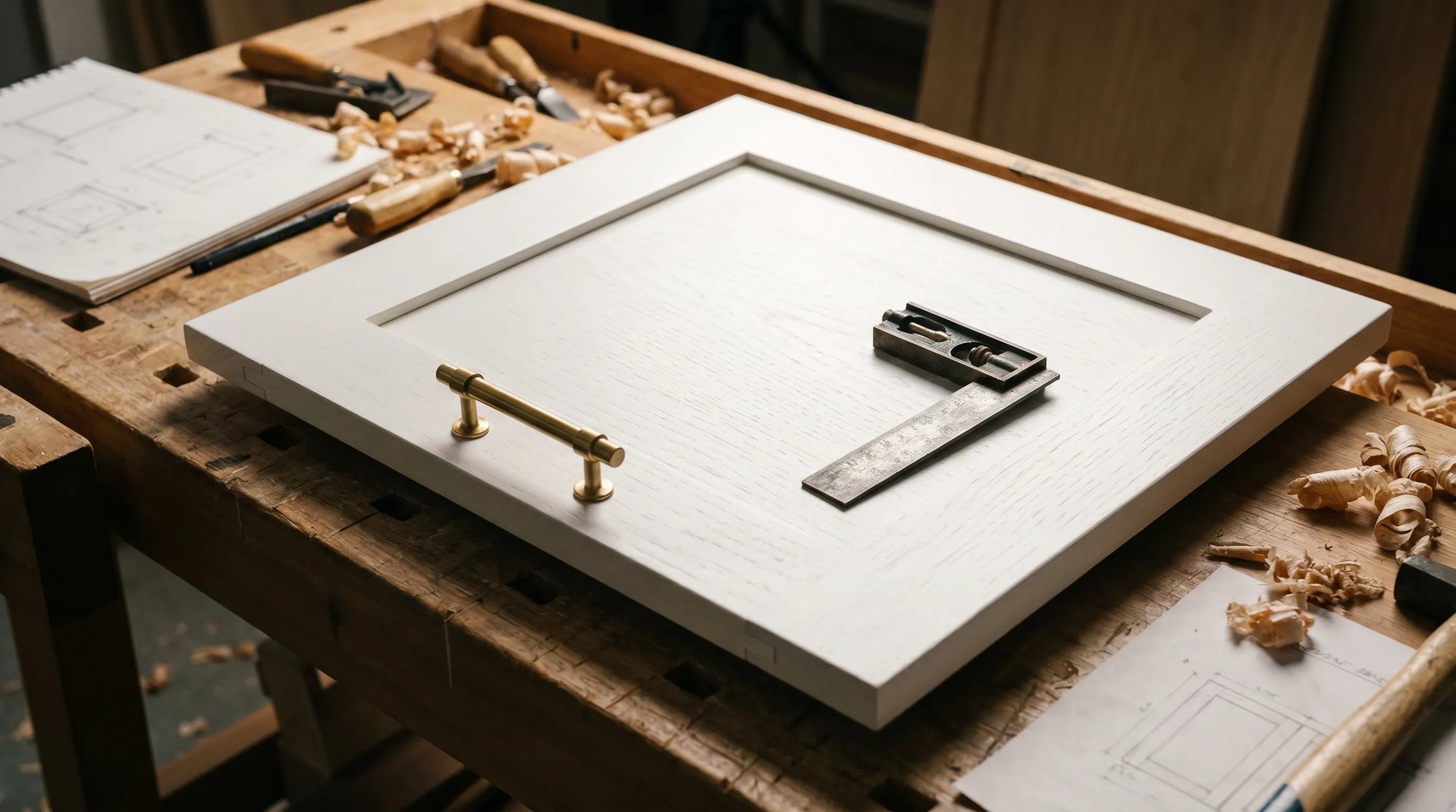A white shaker cabinet door and brass handles on a joinery workbench