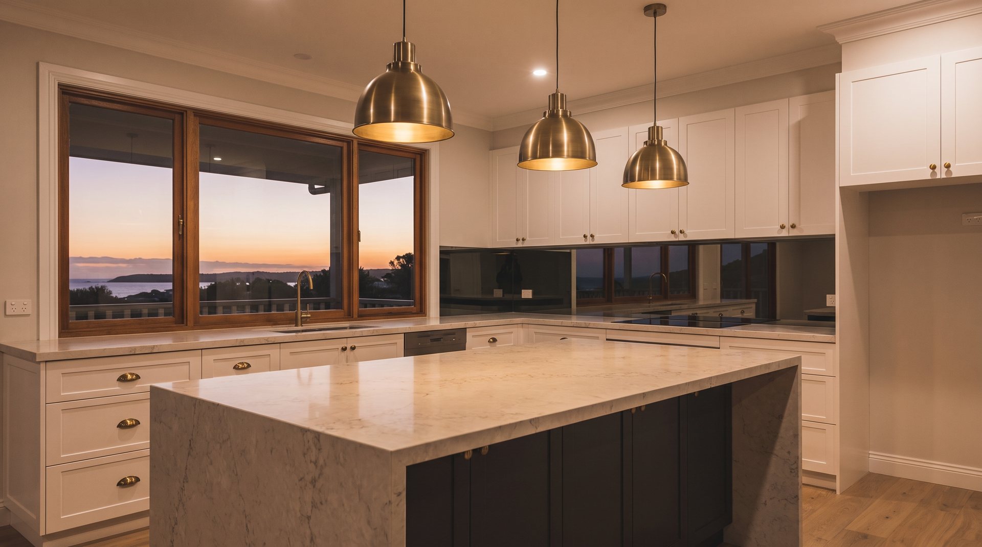 A premium white kitchen at dusk with brass pendant lights
