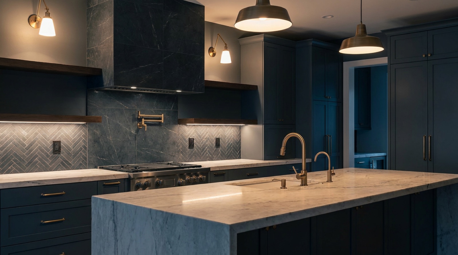 A moody premium kitchen with a marble island and brass pendant lights