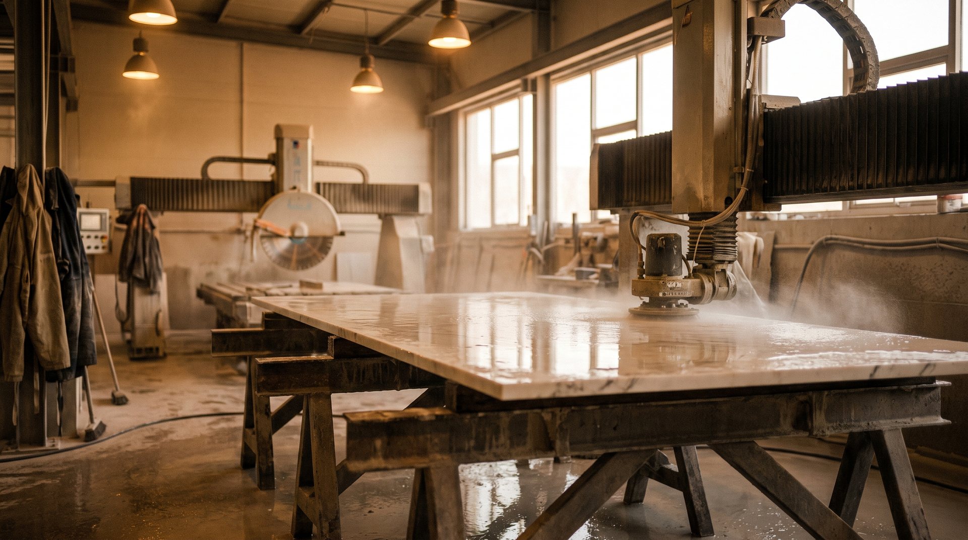 A stone benchtop slab being polished in a fabrication workshop
