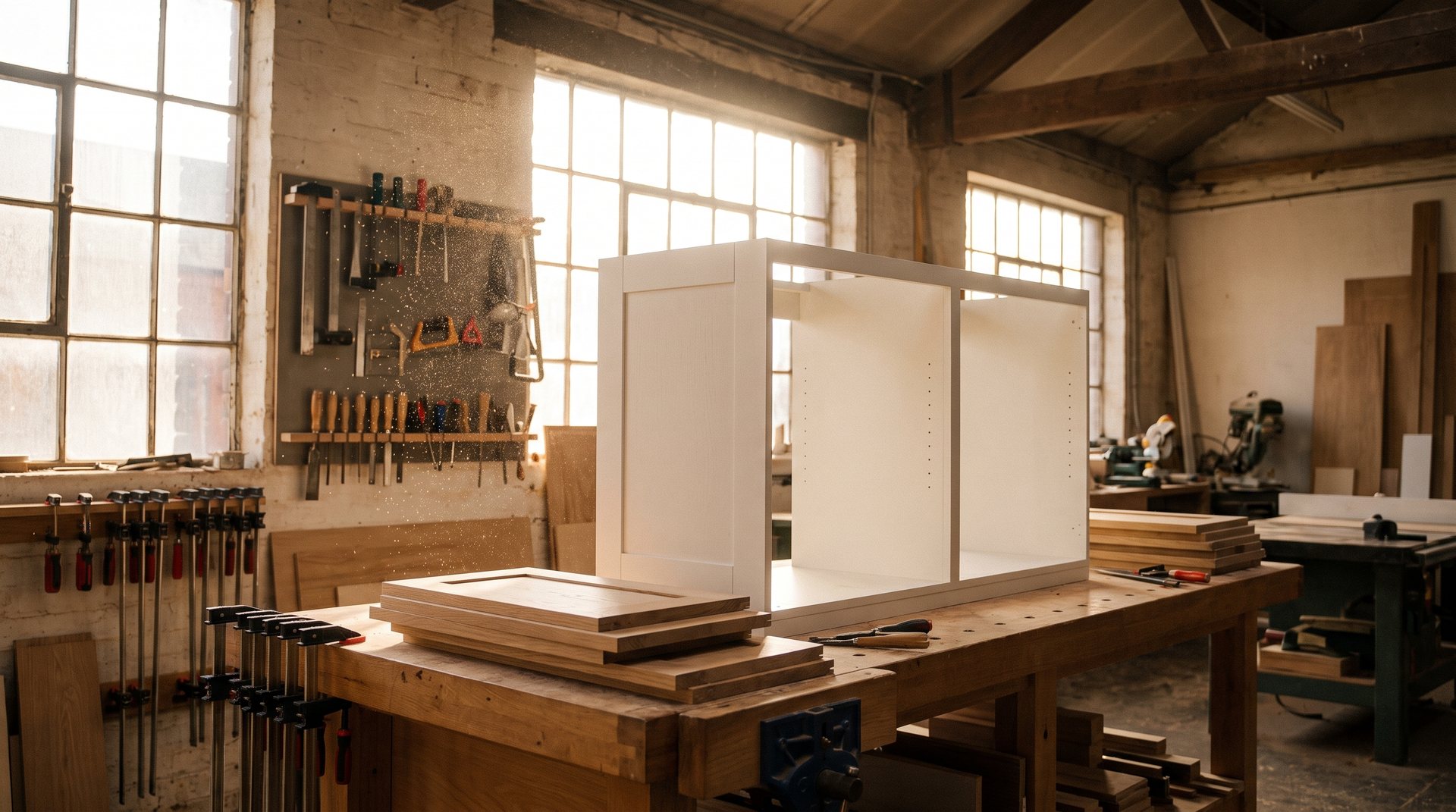 A cabinet-making workshop with a white kitchen cabinet being assembled on the bench
