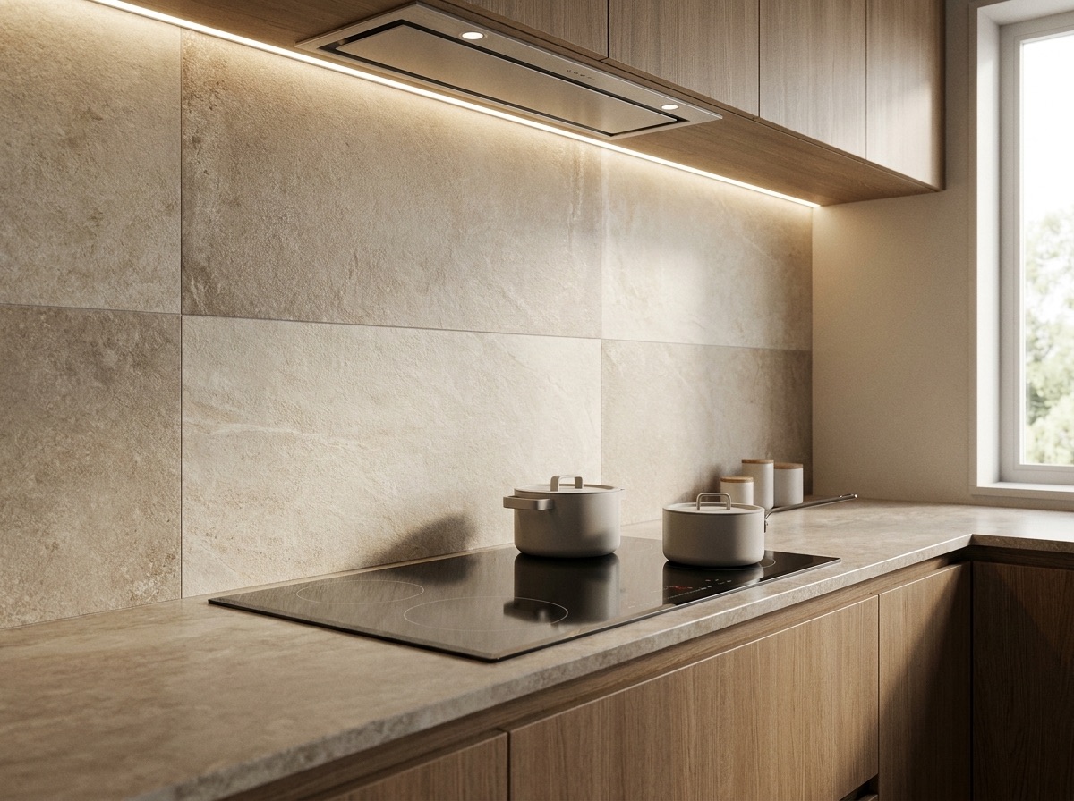 A stone benchtop and splashback in a warm modern kitchen
